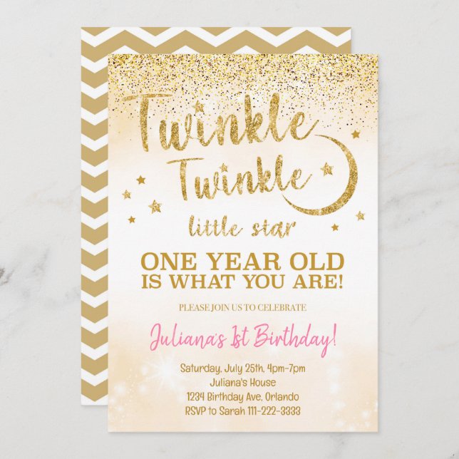 Golden Glitzer Twinkle Little Star Einladung (Vorne/Hinten)
