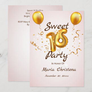 Golden Glow  Sweet 16 Balloons Birthday Invitation