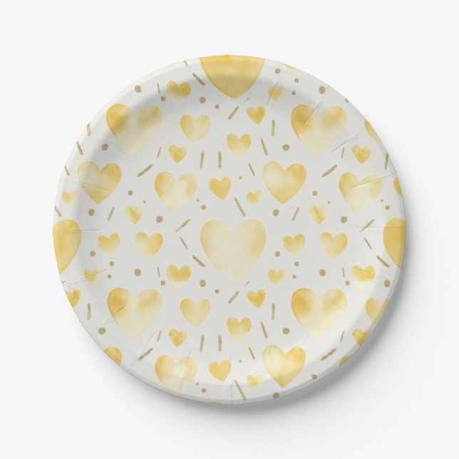 Golden Glow Watercolor Heart Pattern Pappteller (Vorderseite)