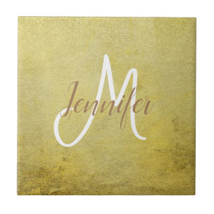 Golden Gold Simple Metallic Name Monogram Fliese