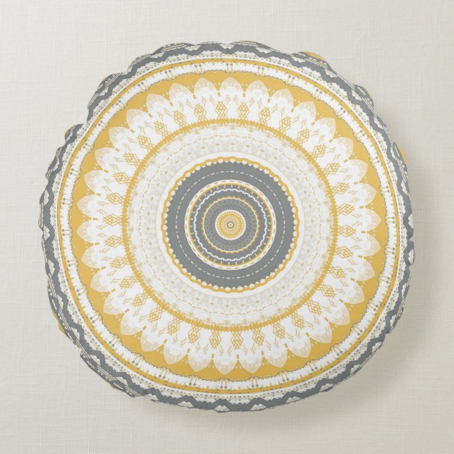 Golden Gray Mandala Rundes Kissen (Vorderseite)