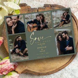 Golden Green Chic Trendy Collage Wedding 5 Fotos Folieneinladung