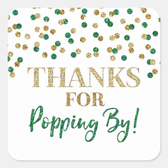 Golden Green Confetti Danke für Popping By Quadratischer Aufkleber (Vorderseite)