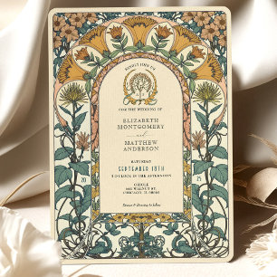 Golden & Green Florals Jugendstil Hochzeit Einladung