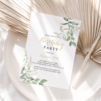 Golden Green Foliage Calligraphy Geburtstagspartei Einladung