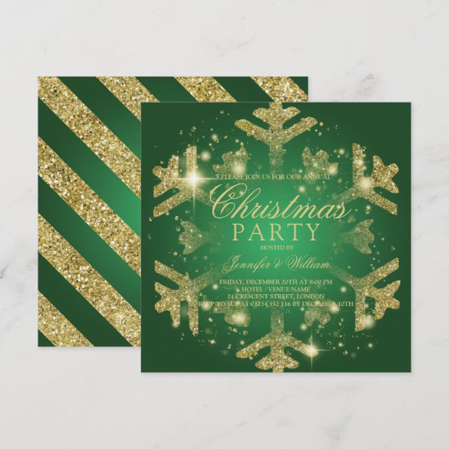 Golden & Green Glitzer Snowflake Weihnachts-Party Einladung (Vorne/Hinten)
