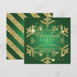 Golden & Green Glitzer Snowflake Weihnachts-Party Einladung