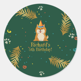 Golden Green Puppy Dog Kid's Birthday Runder Aufkleber