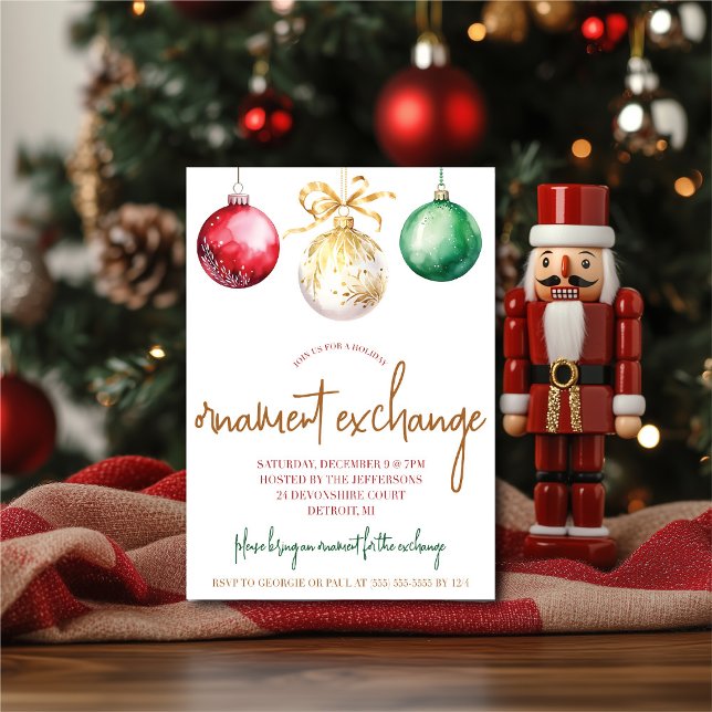 Golden, Green, Red Ornament Exchange Party Einladung (Von Creator hochgeladen)