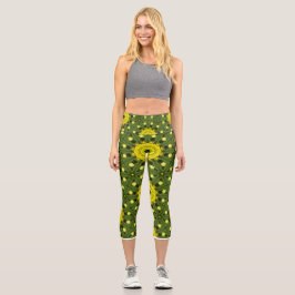 Golden Green Sunburst Kaleidoscope Blumenmuster Capri Leggings