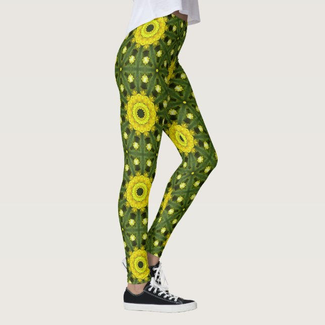 Golden Green Sunburst Kaleidoscope Blumenmuster Leggings (Rechts)