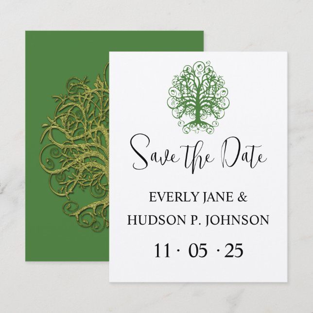 Golden Green Swirl Tree Roots of Liebe Wedding Inv Einladung (Vorne/Hinten)