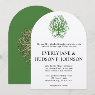 Golden Green Swirl Tree Roots of Liebe Wedding Inv Einladung