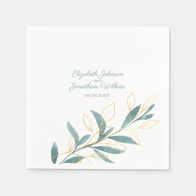 Golden Green Watercolor Blumenhochzeit Serviette (Vorderseite)