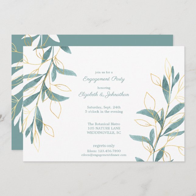 Golden Green Wcolor Floral Engagement Party Einladung (Vorne/Hinten)