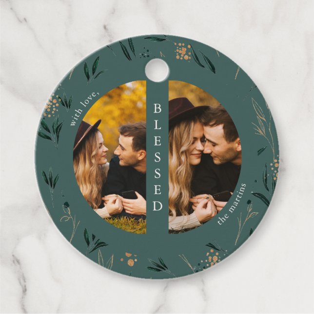 Golden Greenery Aquamarin Zwei Foto Weihnachtsfeie Geschenkanhänger (Vorderseite)