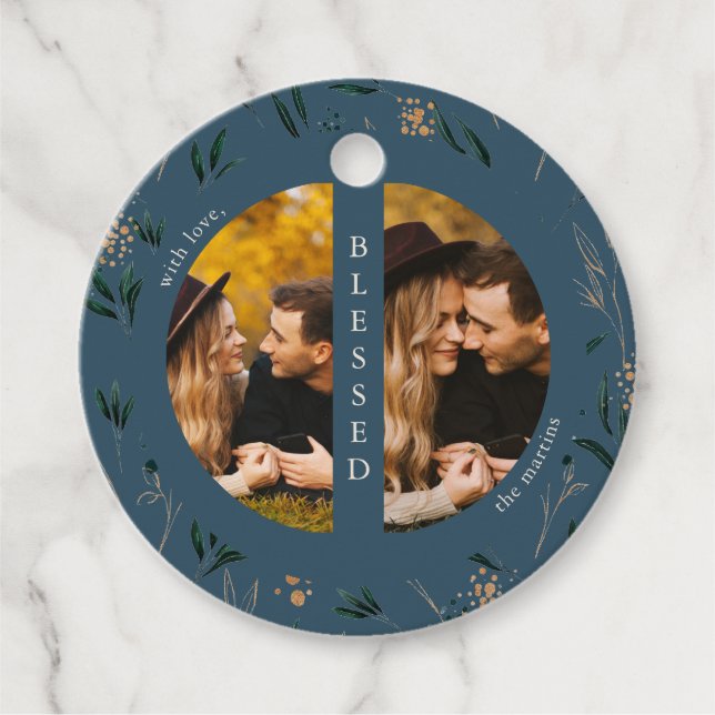 Golden Greenery Blue Zwei Fotos Weihnachtsfeiertag Geschenkanhänger (Vorderseite)