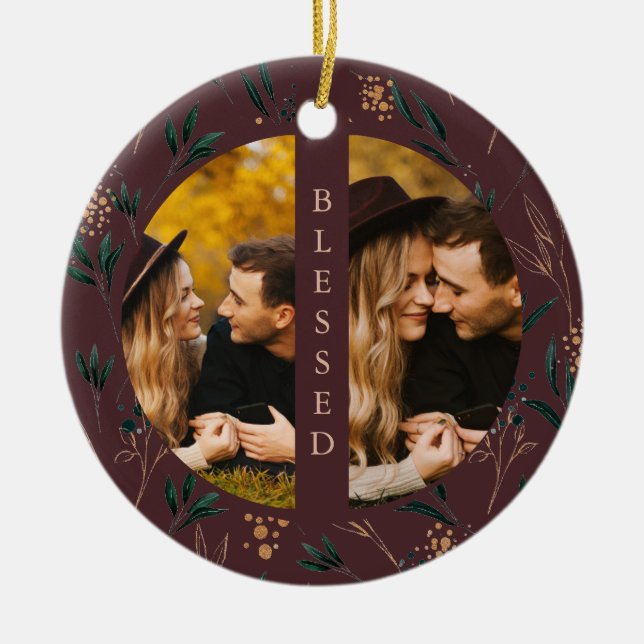 Golden Greenery Gesegnete Typografie Foto Eggplant Keramik Ornament (Vorne)
