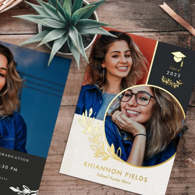 Golden Greenery Überschneidende Fotos Graduate Folieneinladung (Von Creator hochgeladen)