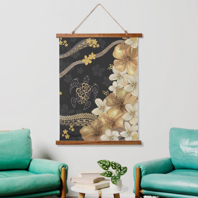 Golden Hawaiian Hibiskus und Tapa Fusion Wandteppich Mit Holzrahmen (Wohnzimmer)