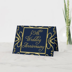 Golden Hearts On Blue 50. Hochzeitstag Karte
