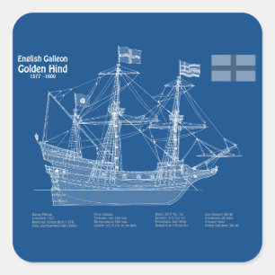 Golden Hind - Schiffskollektorpläne ABD Quadratischer Aufkleber