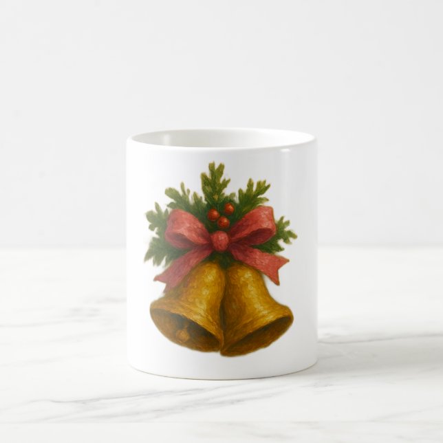 Golden Holiday Bells with Pink Ribbon Mug  Kaffeetasse (Mittel)