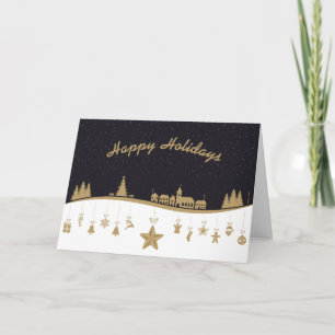 Golden Holiday Night Scene mit Hanging Ornaments Feiertagskarte