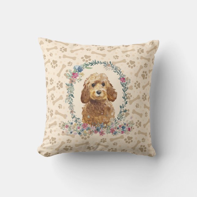 Golden Honey Cockapoo Dog Paw Print & Floral Niedl Kissen (Vorderseite)