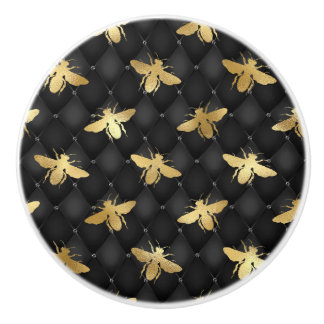 Golden honeybee on black background door pull/knob keramikknauf