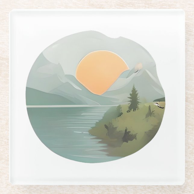 Golden Horizon: Sonnenuntergang am See Glasuntersetzer (Vorderseite)