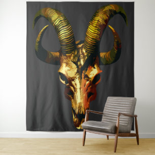 Golden Horned Skull - Dunkle Kunst Wandteppich