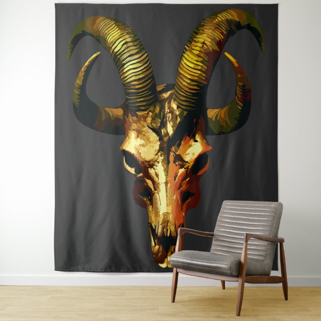 Golden Horned Skull - Dunkle Kunst Wandteppich (Beispiel)