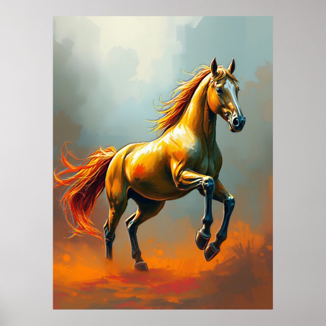 Golden Horse Rears, Flowing Mane, Vibrant Poster (Vorne)