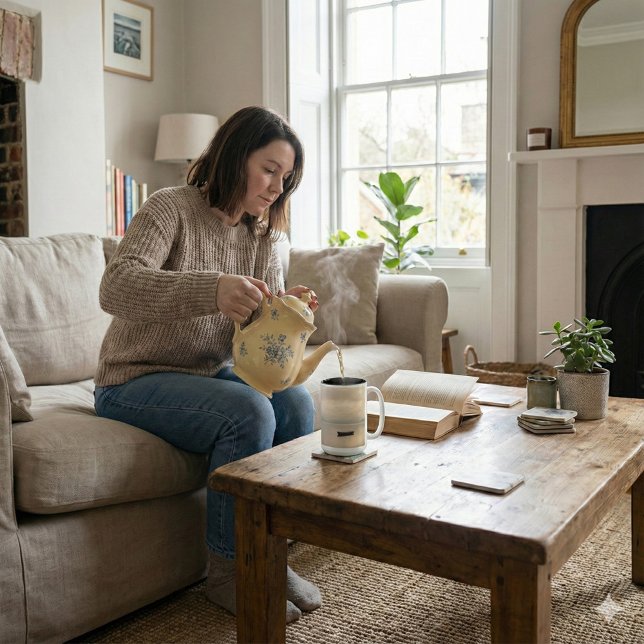 Golden Hour Mist & Boat Scenery, 15 oz Zweifarbige Tasse (Von Creator hochgeladen)