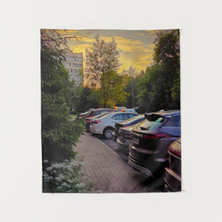 Golden Hour Parking Vista Tapestry - Anpassbar Wandteppich