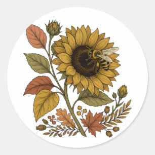 Golden Hour Sonnenblume und Honigbiene Botanical H Runder Aufkleber