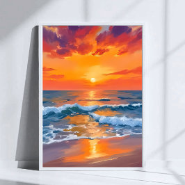 Golden Hour Sunset Ocean Beach Painting Poster