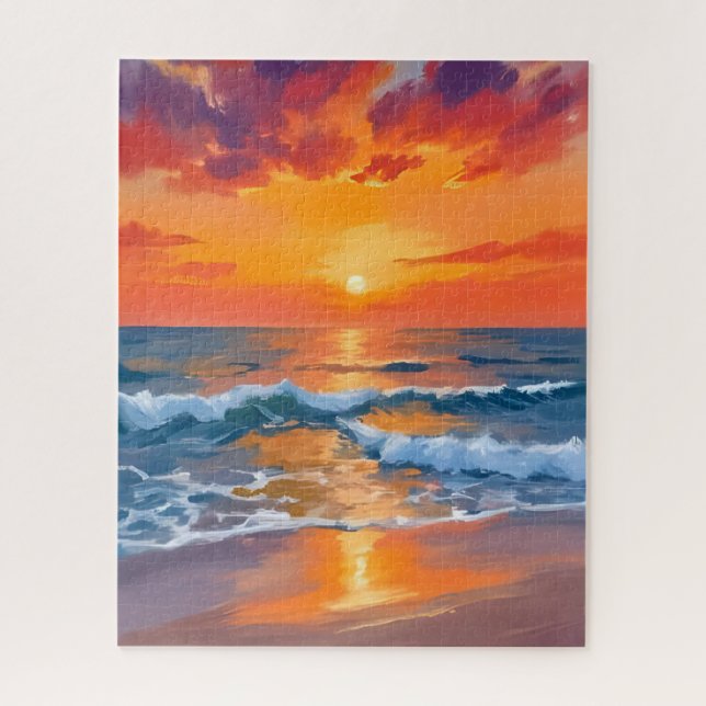 Golden Hour Sunset Ocean Beach Painting Puzzle (Vertikal)