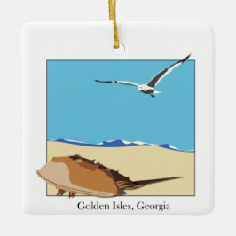 Golden Isles, GA Horseshoe Crab Sea Gull Beach Keramikornament