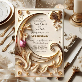 Golden Ivory Baroque Asymmetric Crescent Wedding Einladung