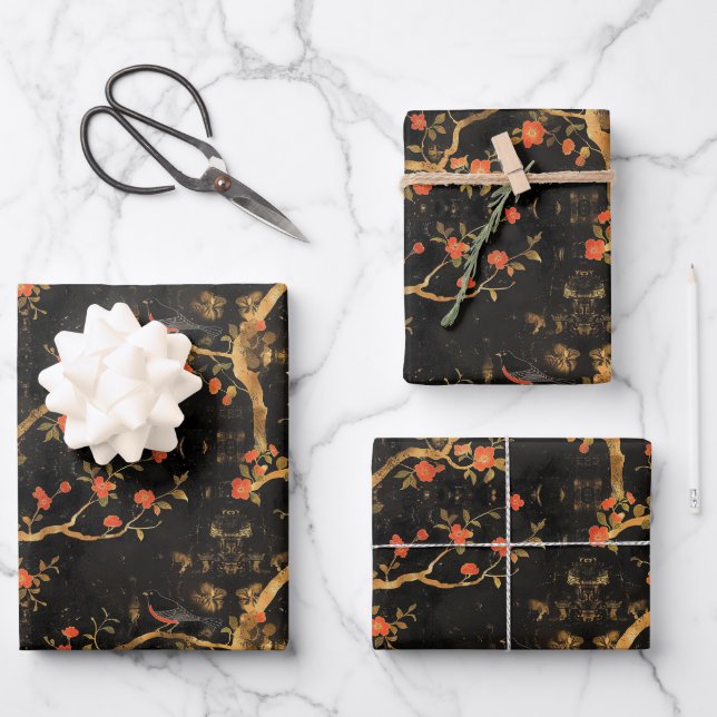 Golden Japanisch-inspiriertes Blossom Geschenkpapier Set (Vorderseite)