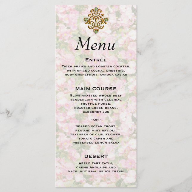 Golden Jeweled Floral Wedding Menu Menükarte (Vorderseite)