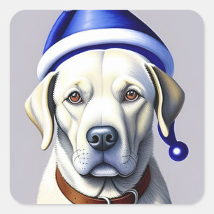 Golden Labrador Hund mit Blue Holiday Hat Quadratischer Aufkleber