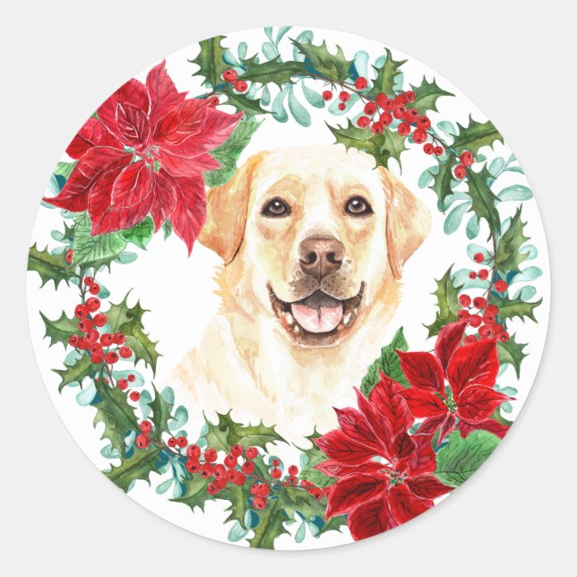 Golden Labrador Poinsettia Holly Holiday Wreath Runder Aufkleber (Vorderseite)
