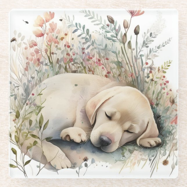 Golden Labrador Retriever und Blume Glasuntersetzer (Vorderseite)