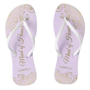 Golden Lace on Lilac Lila Trauzeugin Hochzeit Flip Flops