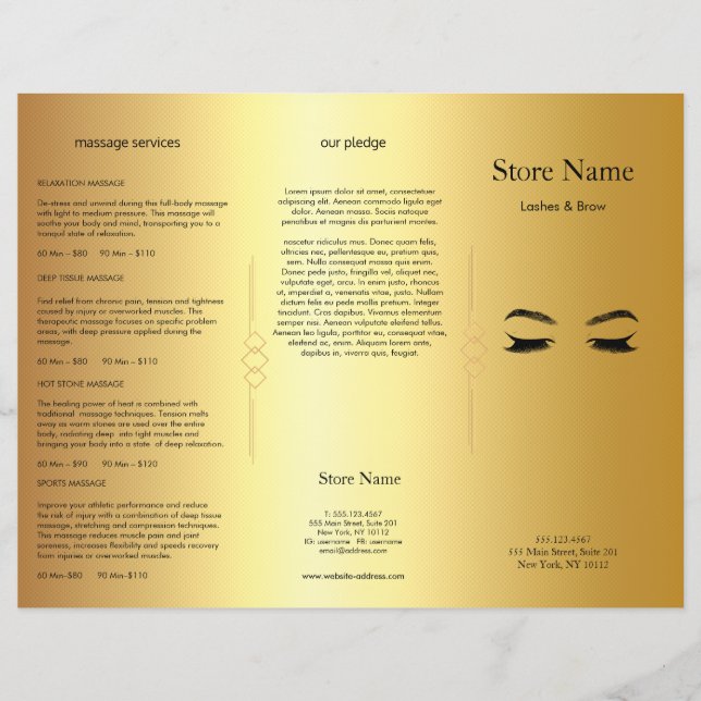 Golden Lashes & Brow Beauty Salon Trifold Bruchure (Vorderseite)