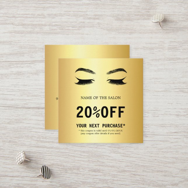 Golden Lashes & Brows Beauty Salon Ermäßigung Kart Rabattkarte (Vorderseite/Rückseite Beispiel)