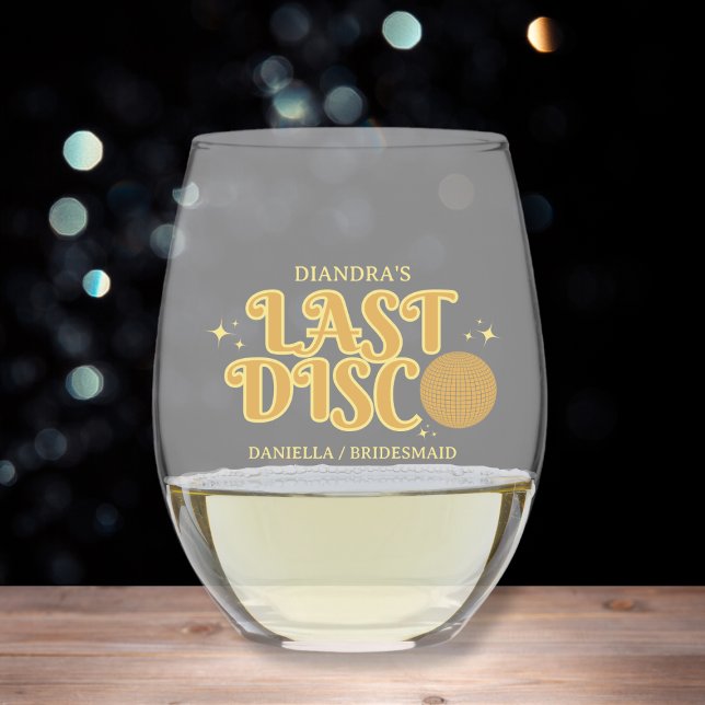 Golden Last Disco Personalisiertes Bacheloretto Weinglas Ohne Stiel (Golden Last Disco Retro Personalized Bachelorette Stemless Wine Glass)